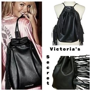Victoria's Secret Large Black Faux Leather Fringe Drawstring Backpack Tote Purse
